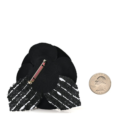 Chanel Tweed Camellia Pin Brooch Black White 2 of 3