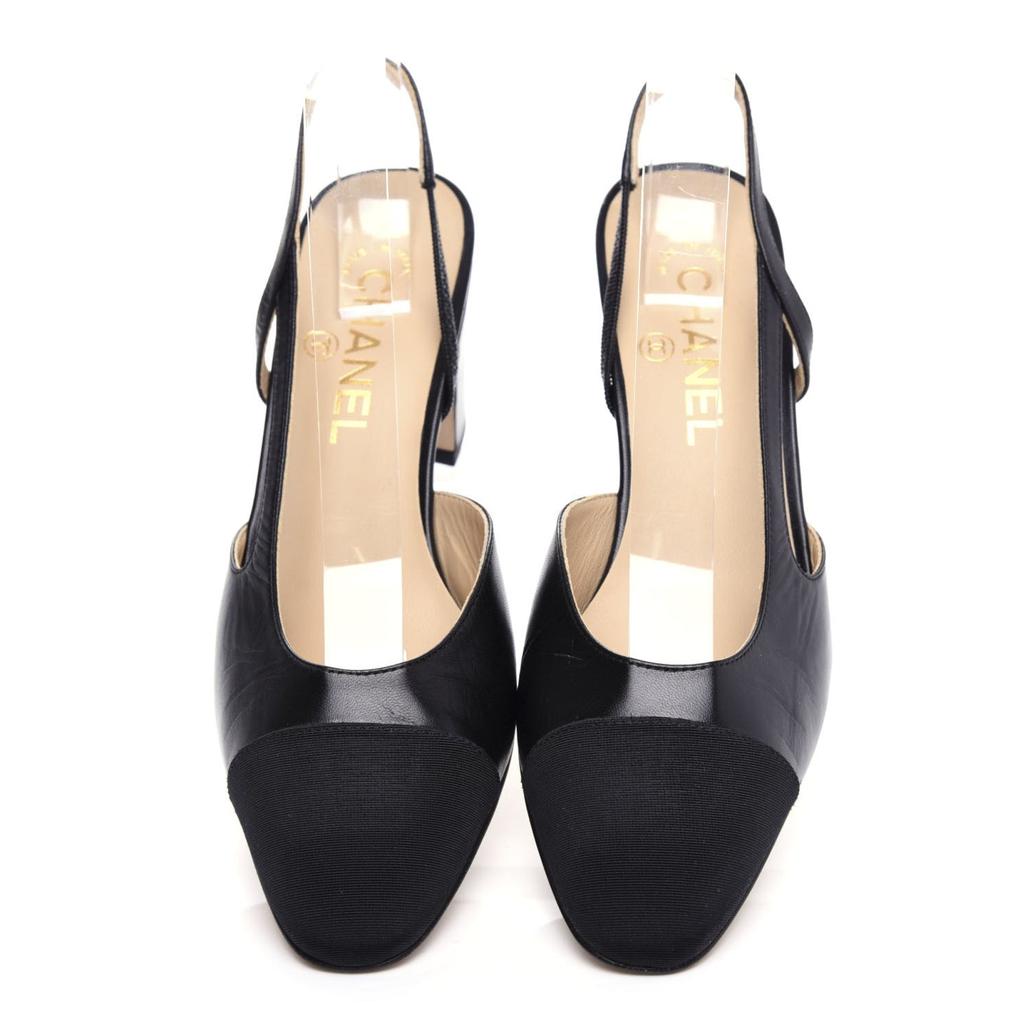 Goatskin Grosgrain Cap Toe CC Slingback Sandals 38.5 Black