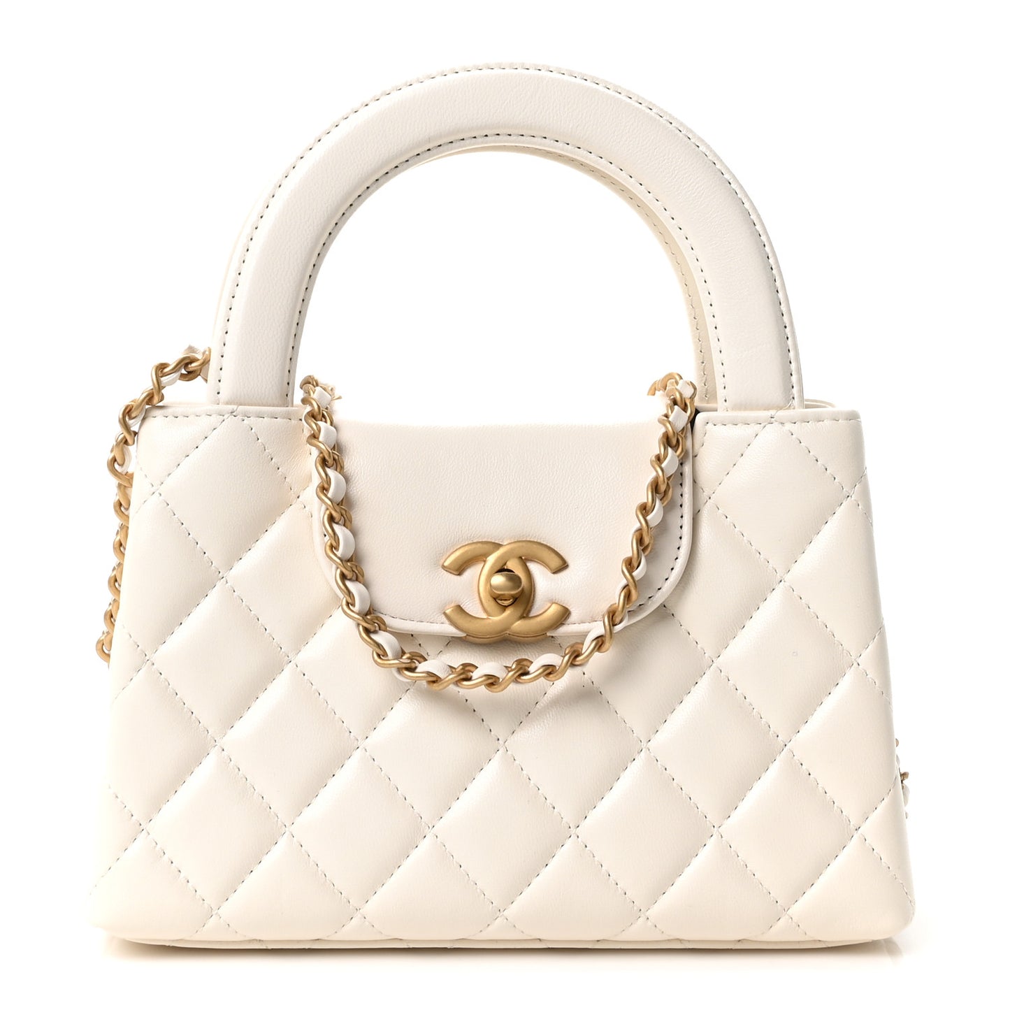 Shiny Aged Calfskin Quilted Nano Kelly Shopper White