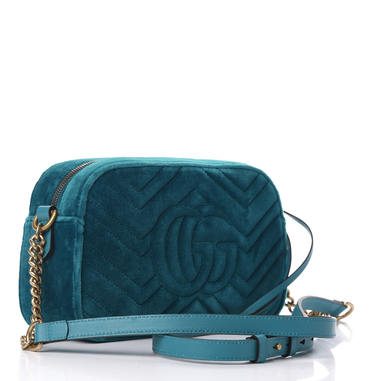 Velvet Matelasse Small GG Marmont Chain Shoulder Bag Pavone Cyan