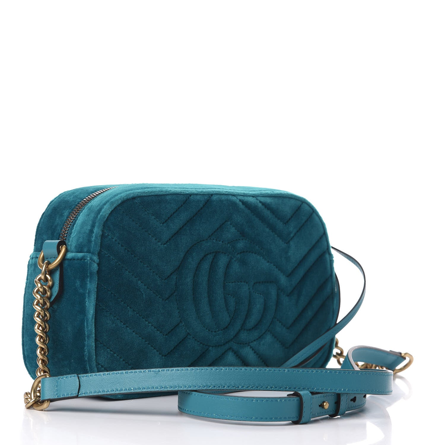 Gucci Velvet Matelasse Small GG Marmont Chain Shoulder Bag Pavone Cyan 3 of 10