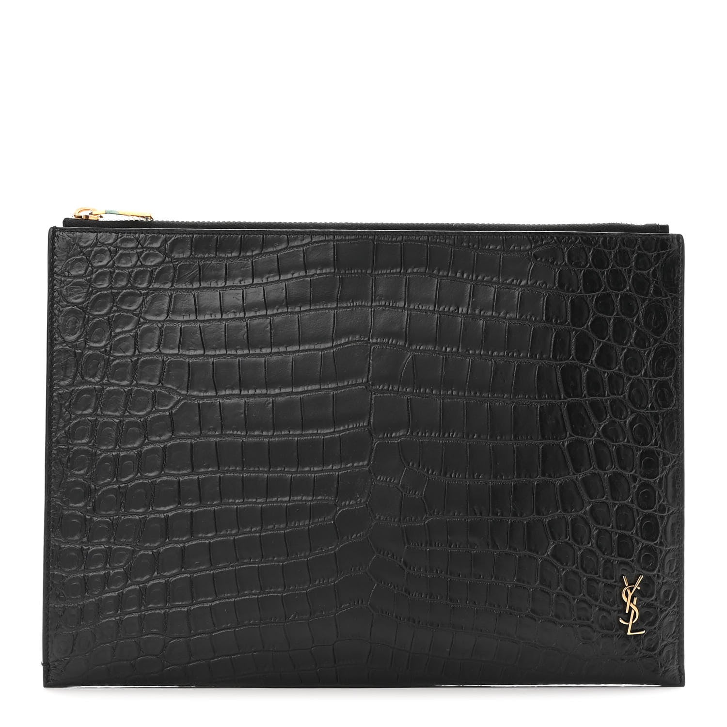 Saint Laurent Calfskin Crocodile Embossed Tiny Monogram Zipped Tablet Holder Black 1 of 9