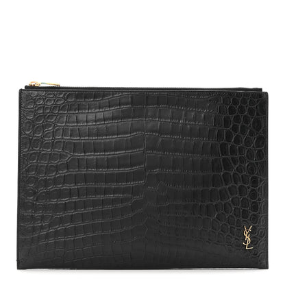 Saint Laurent Calfskin Crocodile Embossed Tiny Monogram Zipped Tablet Holder Black 1 of 9