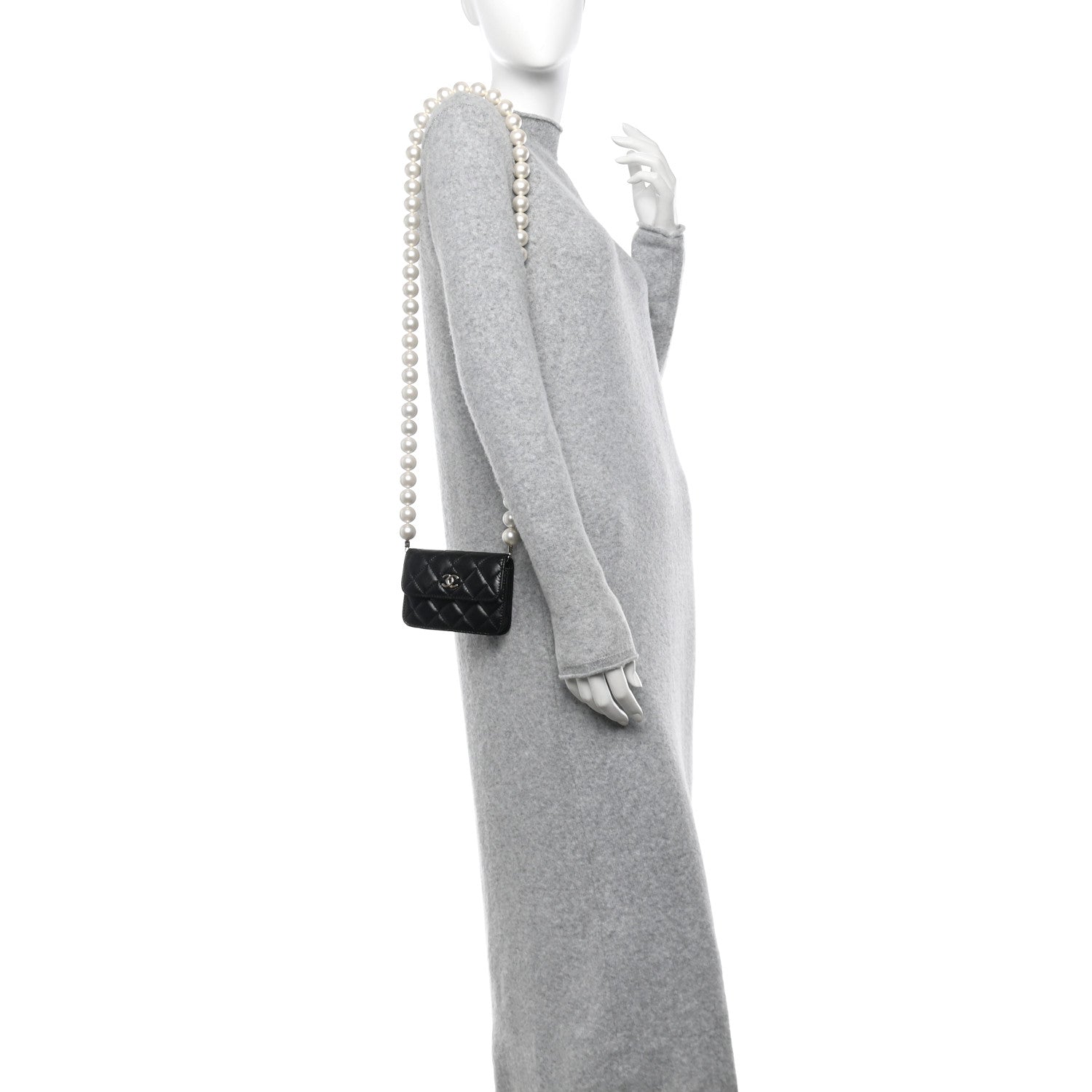 Chanel Calfskin Quilted Maxi Pearls Card Holder Flap With Chain Black 2 of 12