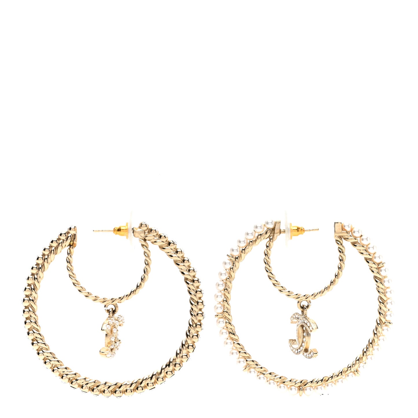 Crystal Pearl CC Drop Hoop Earrings Gold Pearly White