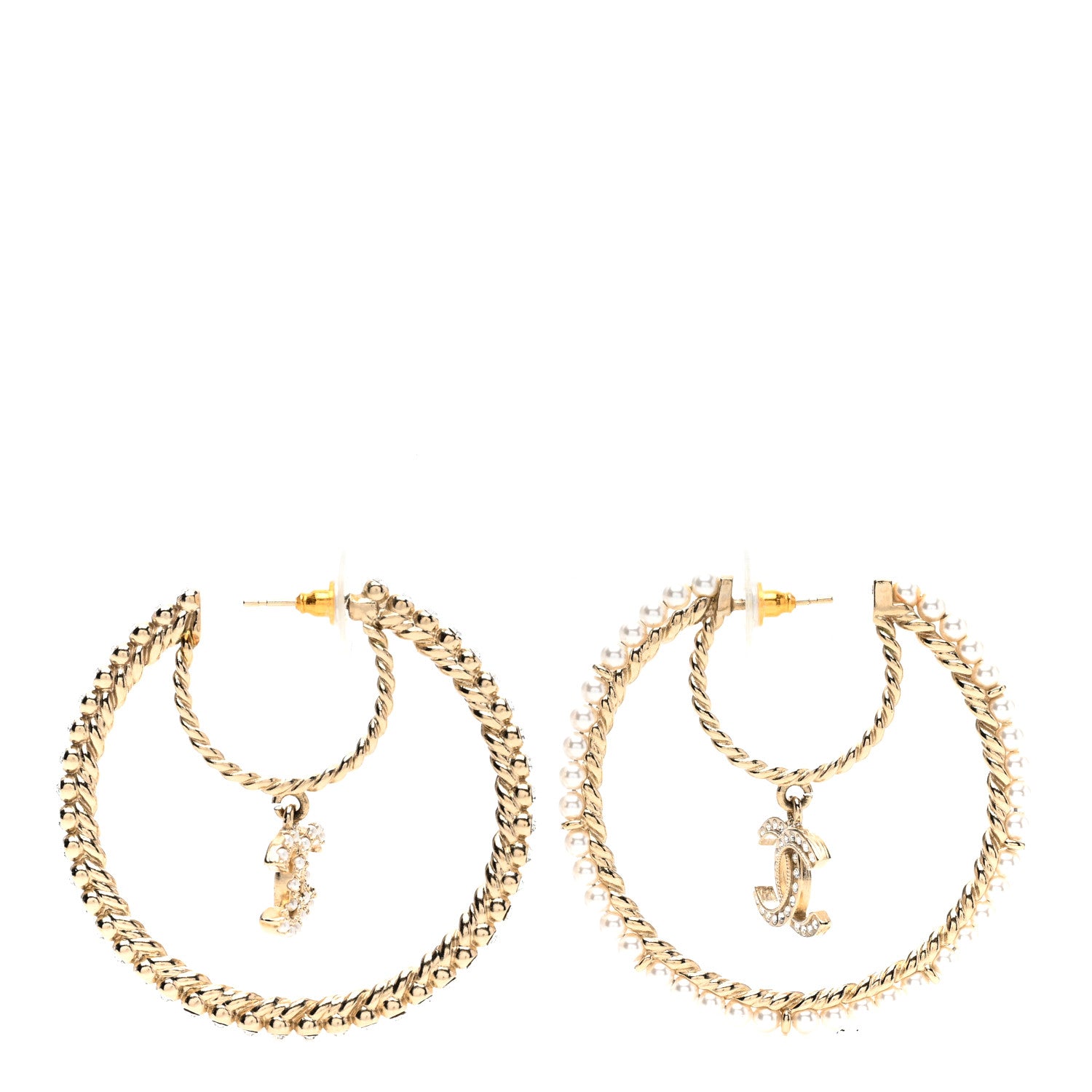 Chanel Crystal Pearl CC Drop Hoop Earrings Gold Pearly White 1 of 4