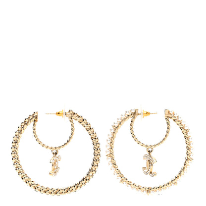 Chanel Crystal Pearl CC Drop Hoop Earrings Gold Pearly White 1 of 4