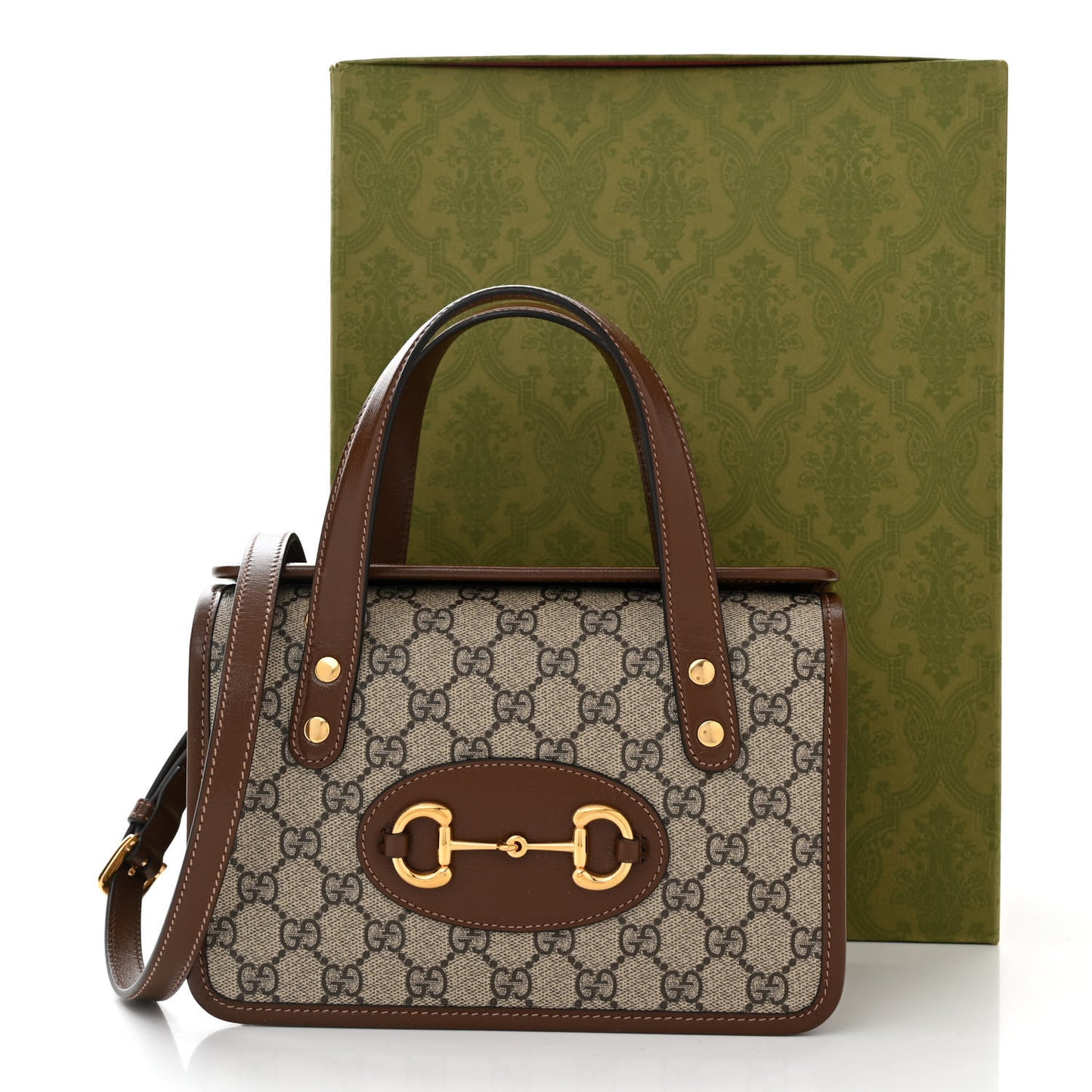 GG Supreme Monogram Azalea Calfskin Mini Horsebit 1955 Foldover Top Handle Bag Beige Ebony Brown Sugar