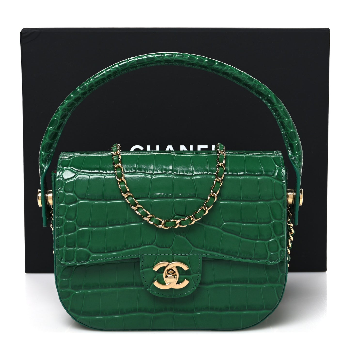 Calfskin Crocodile Embossed Turn Around Clutch With Chain Green