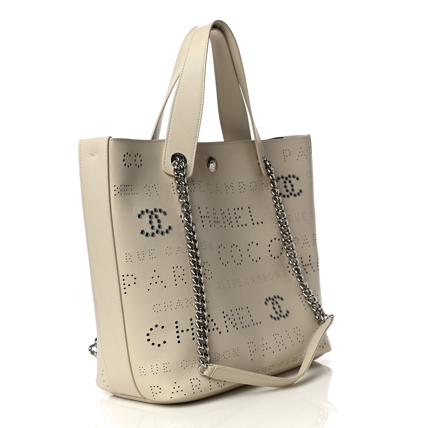 Calfskin Tweed Small Logo Eyelets Shopping Tote Beige