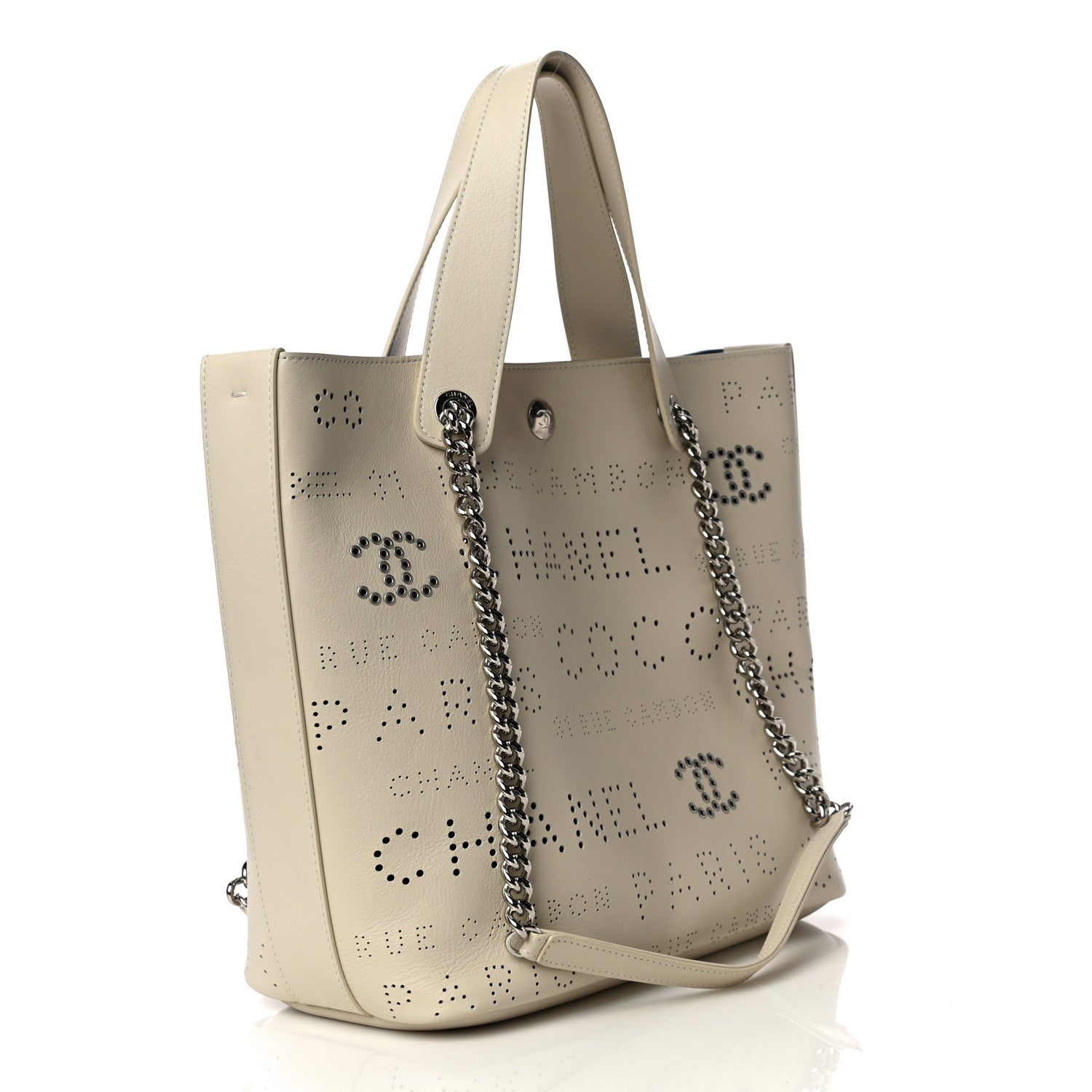Chanel Calfskin Tweed Small Logo Eyelets Shopping Tote Beige 5 of 13