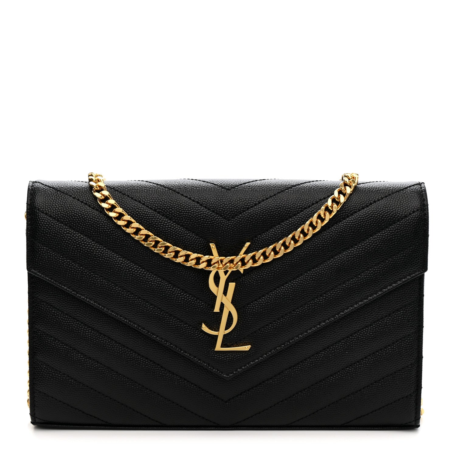 Saint Laurent Grain De Poudre Matelasse Chevron Monogram Chain Wallet Black 1 of 11