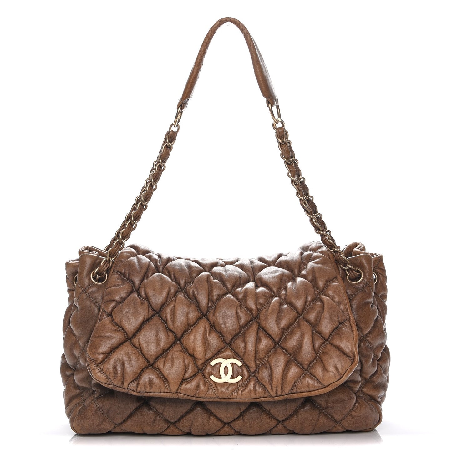 Lambskin Bubble Quilt Flap Bag Dark Beige