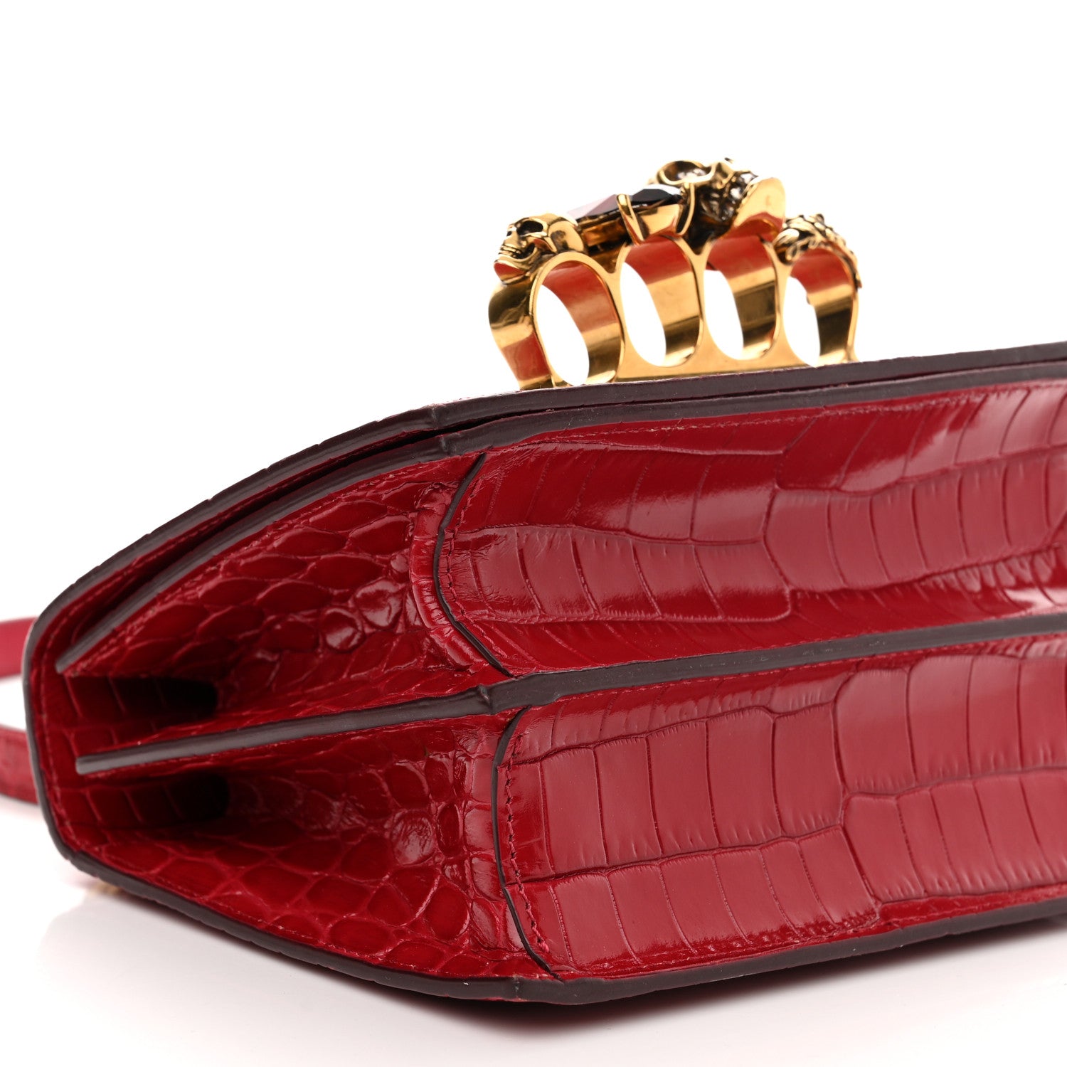 Alexander McQueen Calfskin Crocodile Embossed Jeweled Shoulder Bag Deep Red 8 of 9