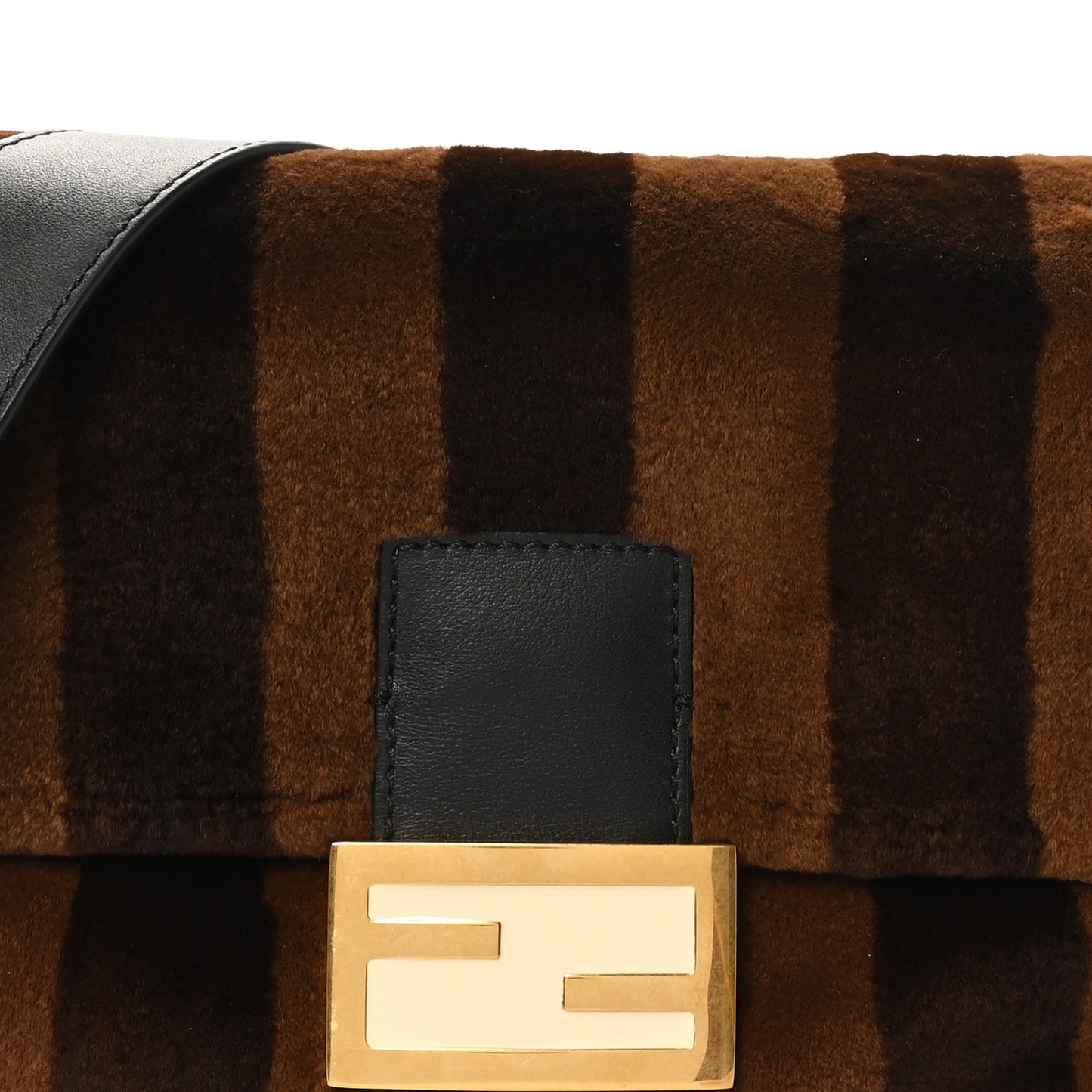 Shearling Vitello Vernice Mou Pequin Striped Baguette Tobacco Black