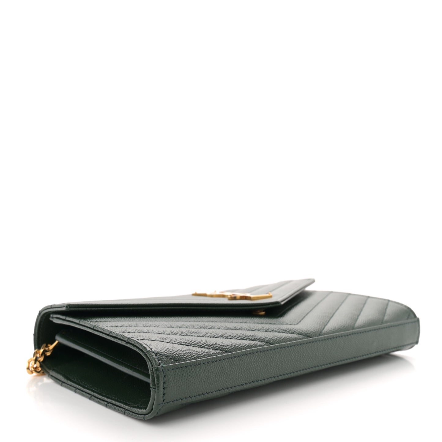 Grain De Poudre Matelasse Chevron Monogram Chain Wallet Vert Fonce