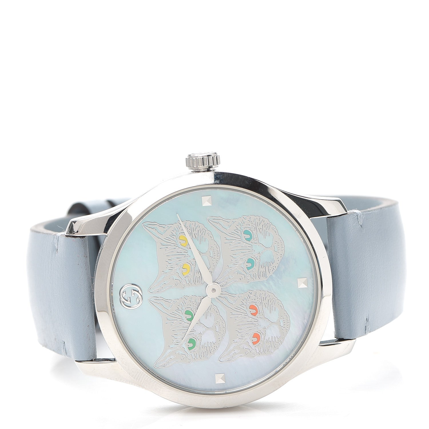 Gucci Stainless Steel Calfskin Blue Mother of Pearl 38mm G-Timeless Cat Quartz Watch 2 of 5