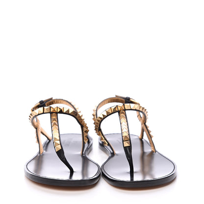 Valentino Garavani Calfskin Rockstud No Limit Slingback Flat Thong Sandals 36.5 Black Gold 2 of 7