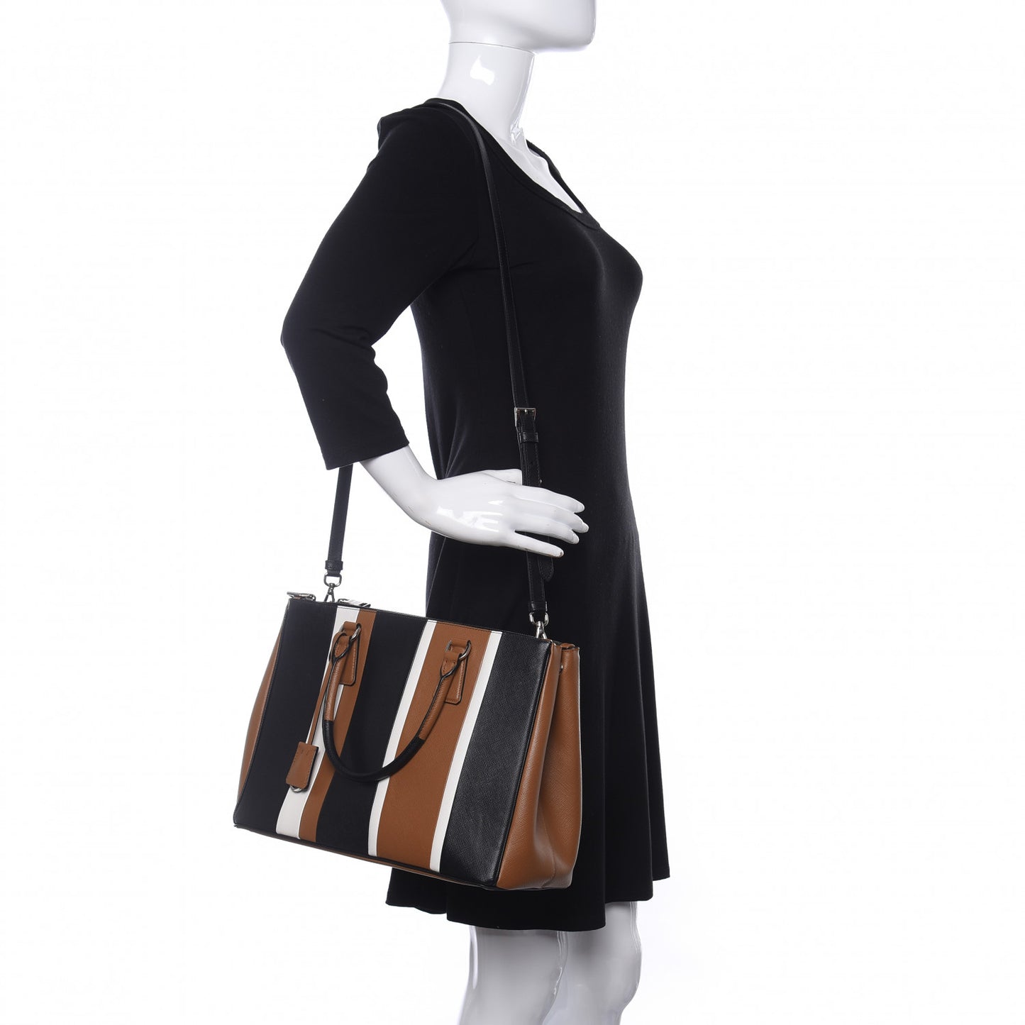 Saffiano Baiadera Striped Medium Galleria Double Zip Tote Caramel Black White