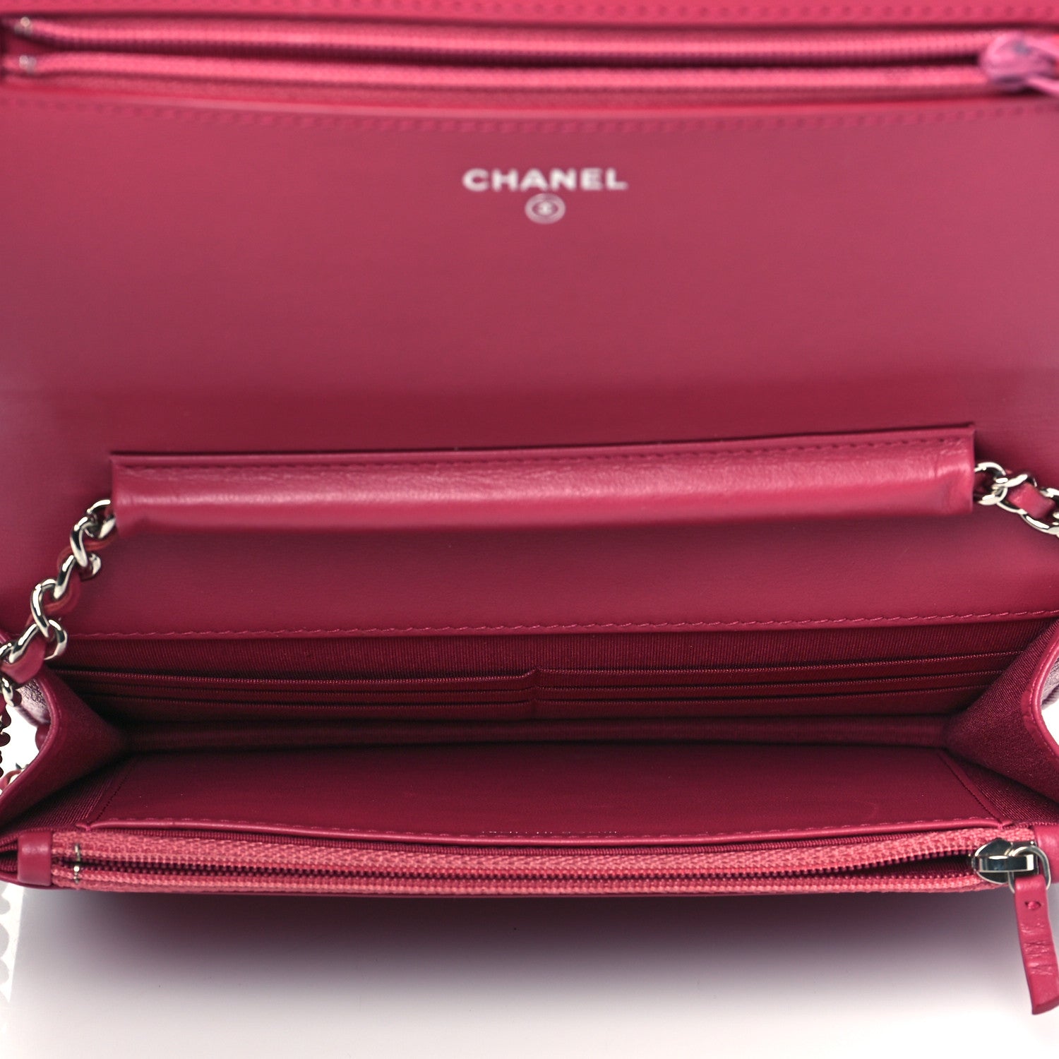 Chanel Lambskin Camellia Embossed Wallet On Chain WOC Fuchsia 5 of 10
