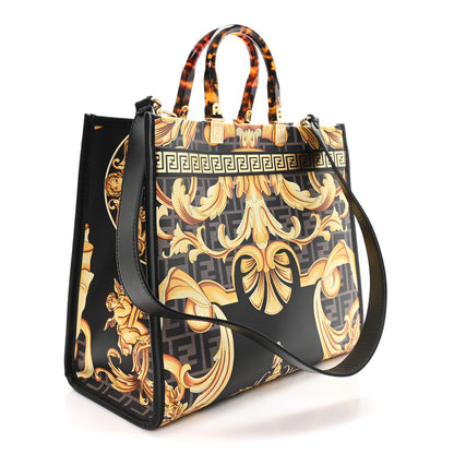 Fendi X VERSACE Calfskin Plexiglass Fendace FF Baroque Print Medium Fendi Sunshine Shopper Tote Black Gold 3 of 11