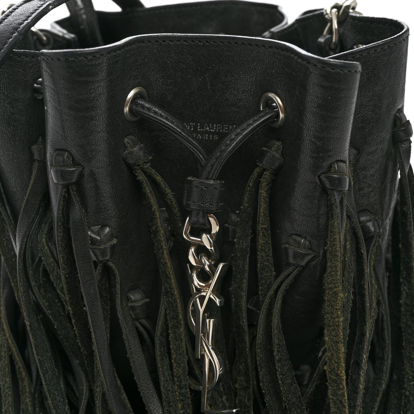 Calfskin Fringe Monogram Mini Bourse Bucket Bag Black
