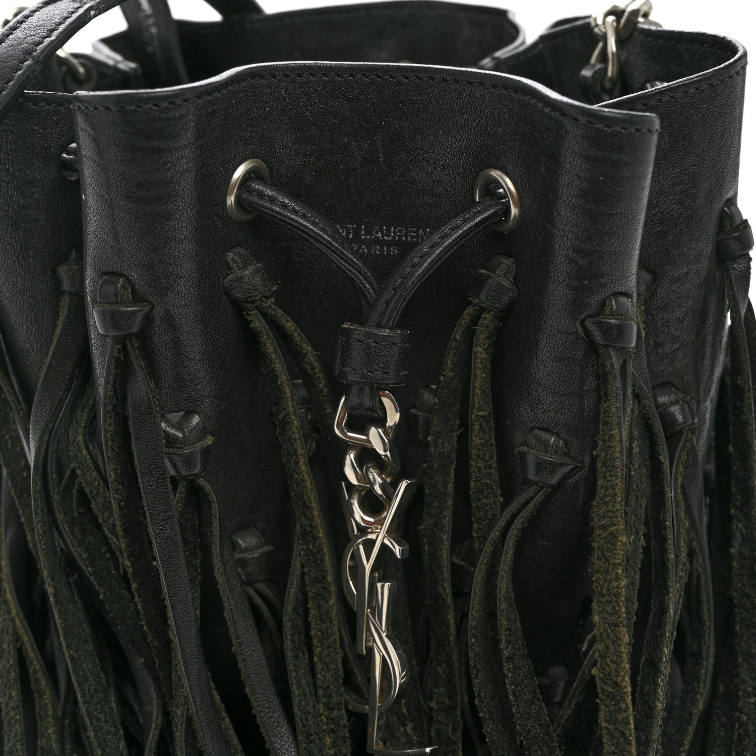 Saint Laurent Calfskin Fringe Monogram Mini Bourse Bucket Bag Black 8 of 11