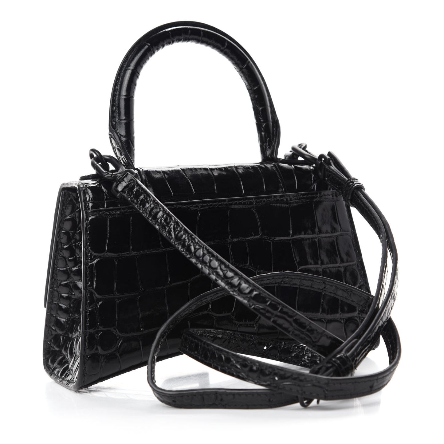 Shiny Calfskin Monochrome Crocodile Embossed Hourglass Top Handle Bag XS Black