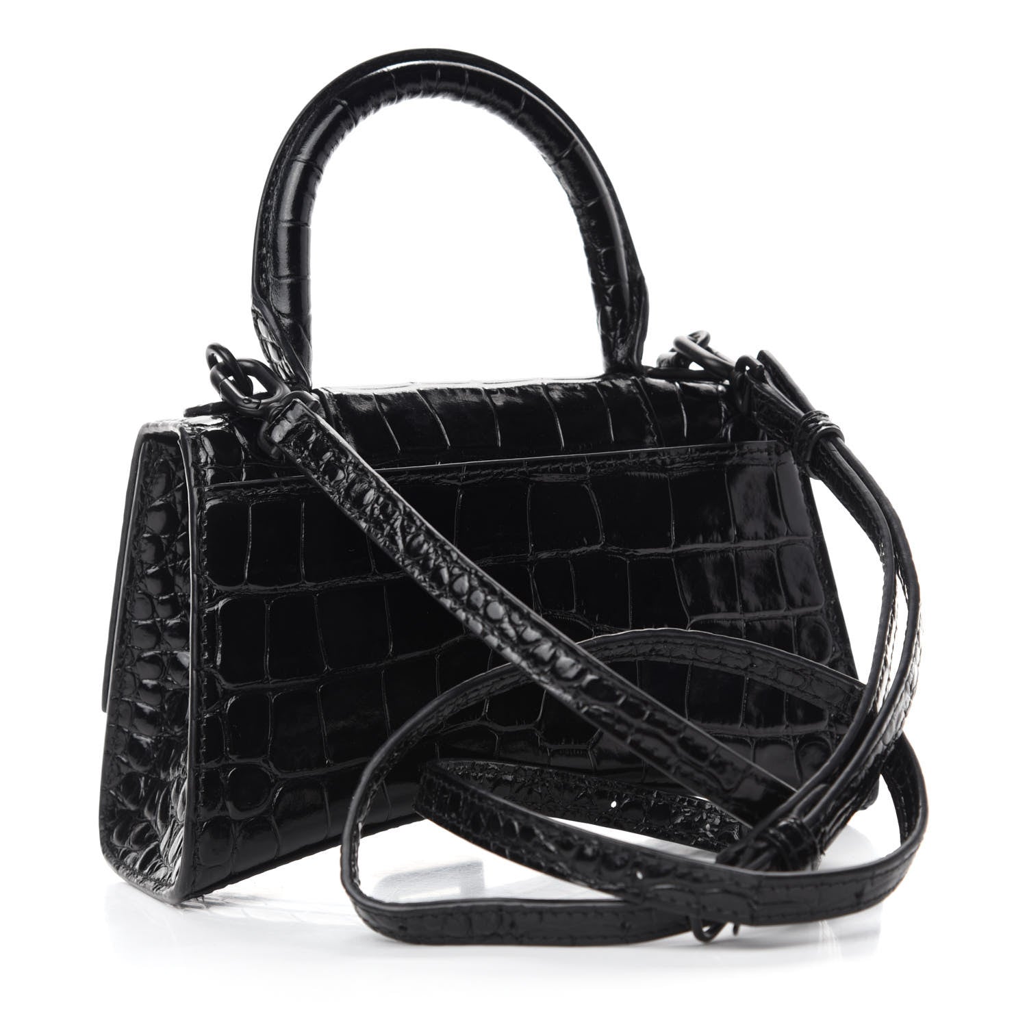 Balenciaga Shiny Calfskin Monochrome Crocodile Embossed Hourglass Top Handle Bag XS Black 3 of 12