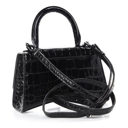 Balenciaga Shiny Calfskin Monochrome Crocodile Embossed Hourglass Top Handle Bag XS Black 3 of 12