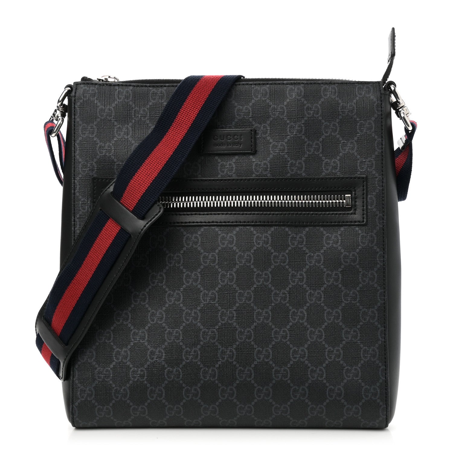 Gucci GG Supreme Monogram Appia Calfskin Web Flat Messenger Bag Black Grey 1 of 10