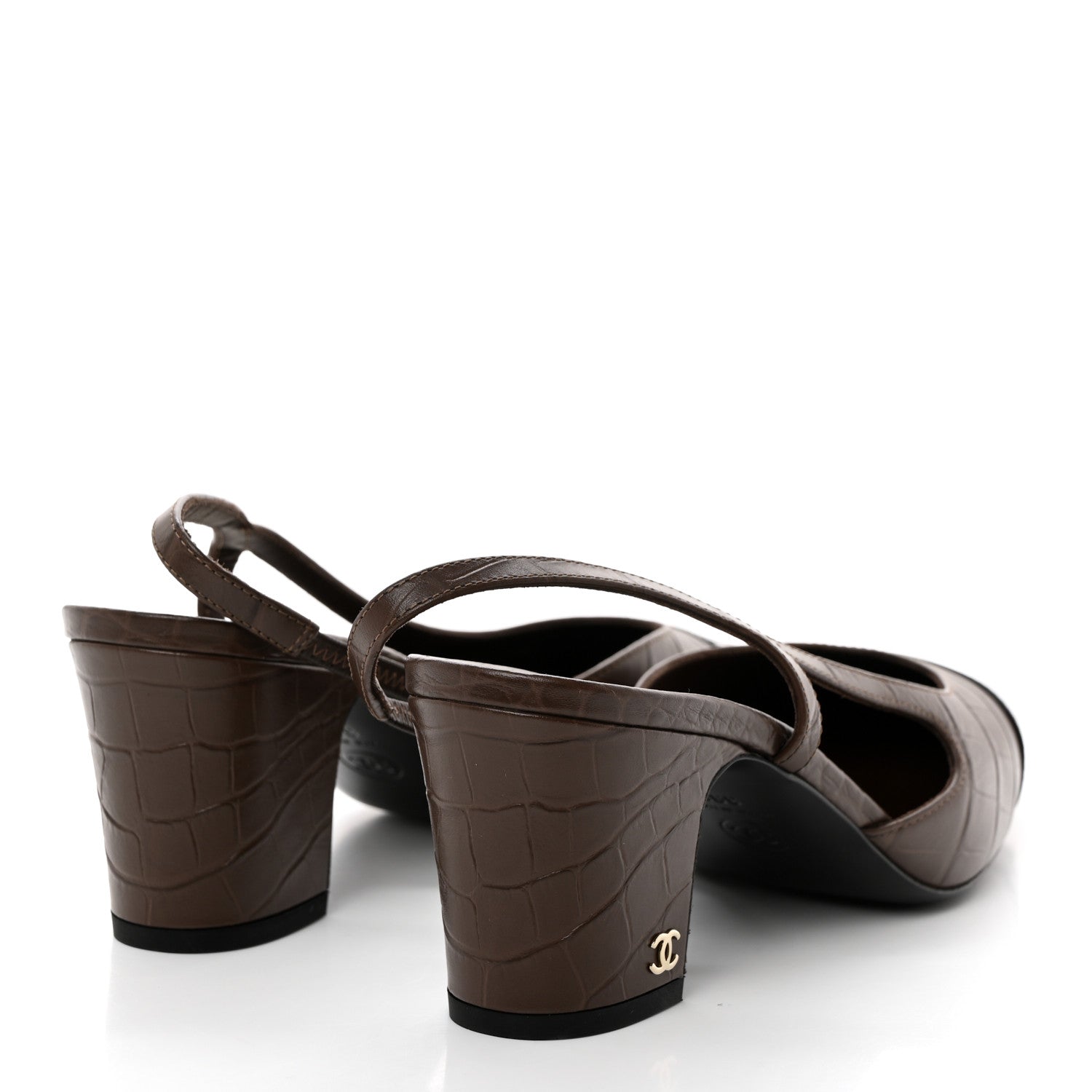 Chanel Calfskin Crocodile Embossed Patent Cap Toe CC Slingback Pumps 39.5 Chocolate Black 4 of 9