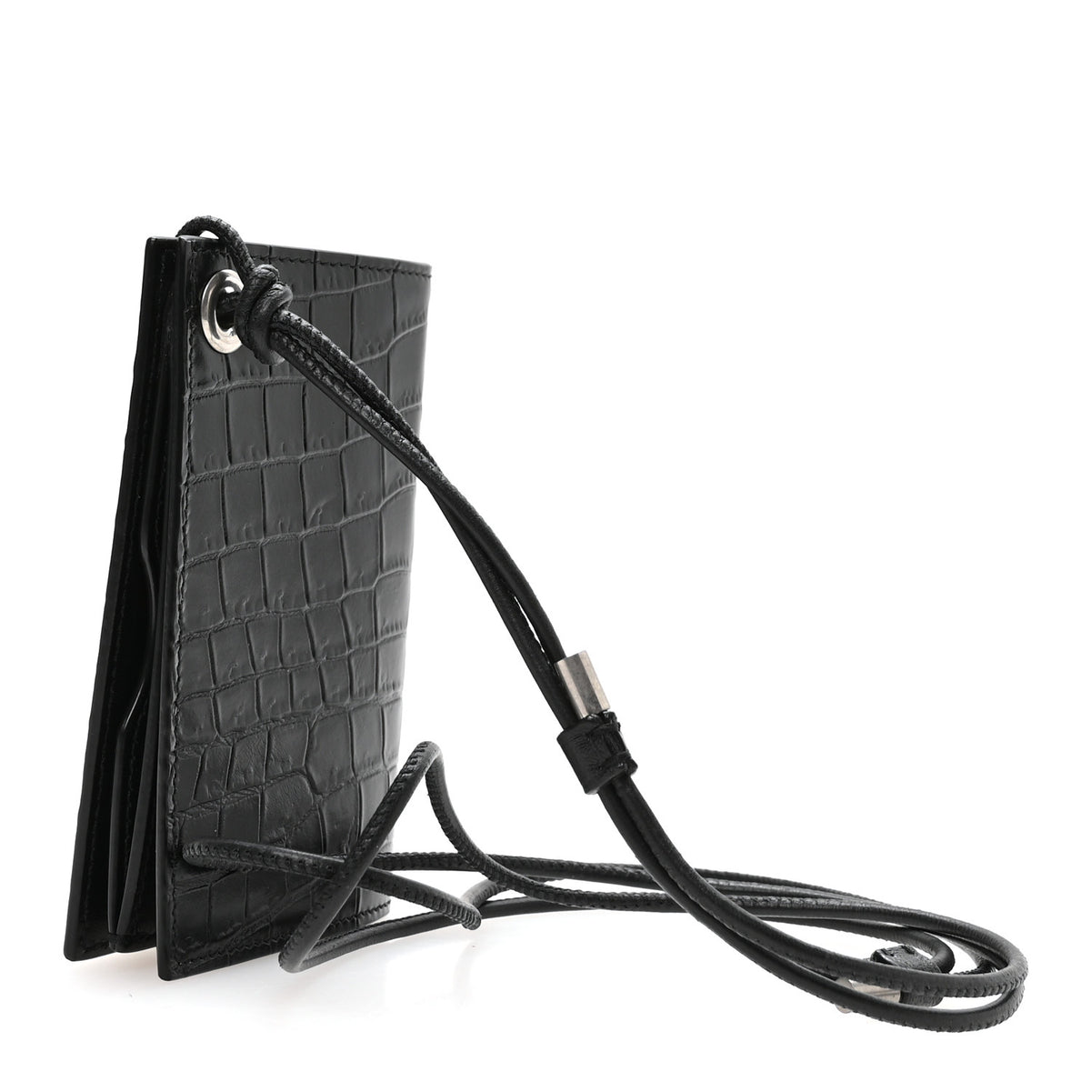 Crocodile Embossed Grained Calfskin Lanyard Card Case Black
