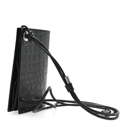 Saint Laurent Crocodile Embossed Grained Calfskin Lanyard Card Case Black 4 of 8