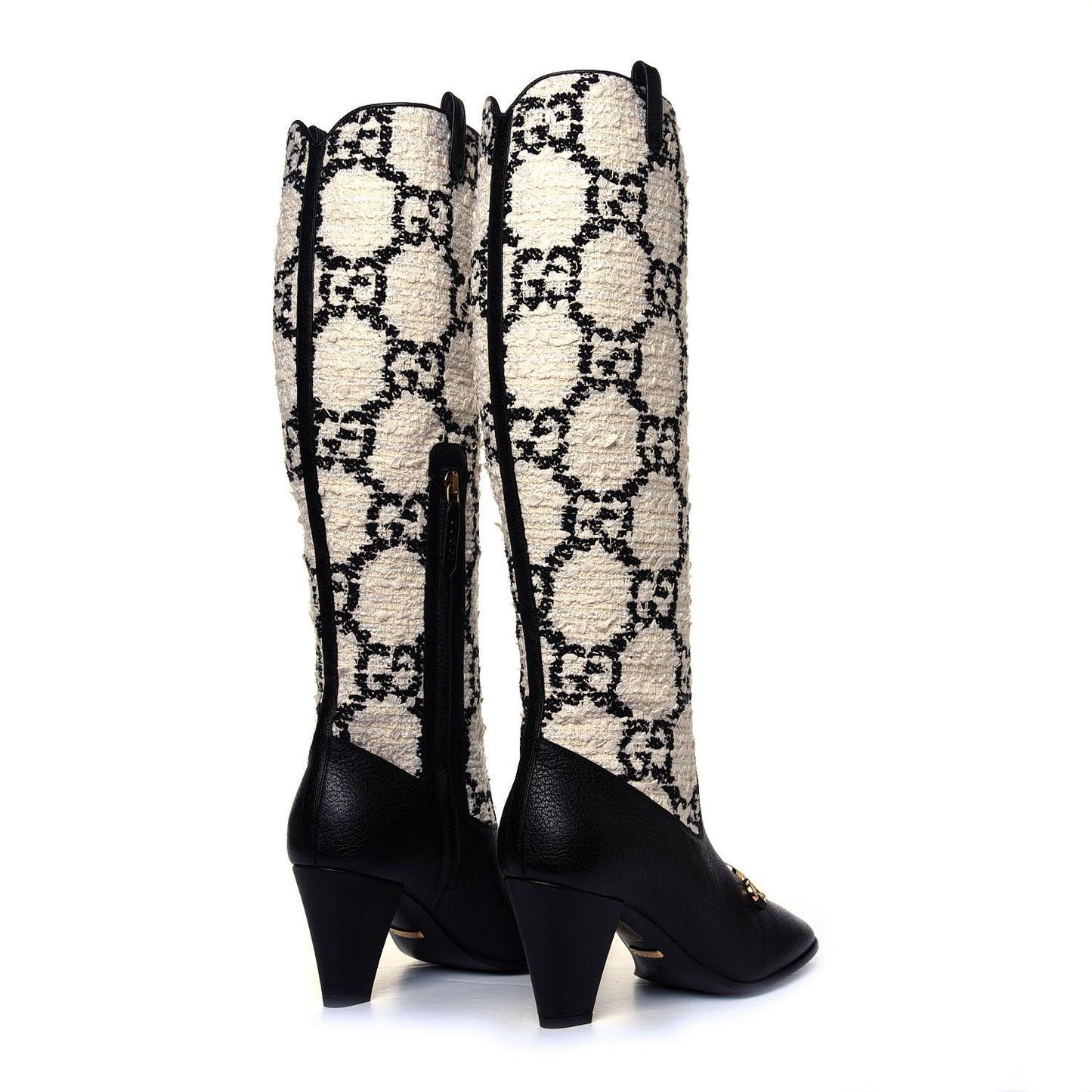 Tweed GG Monogram Wrinkled Kid Zumi Knee Boots 37 Natural Black
