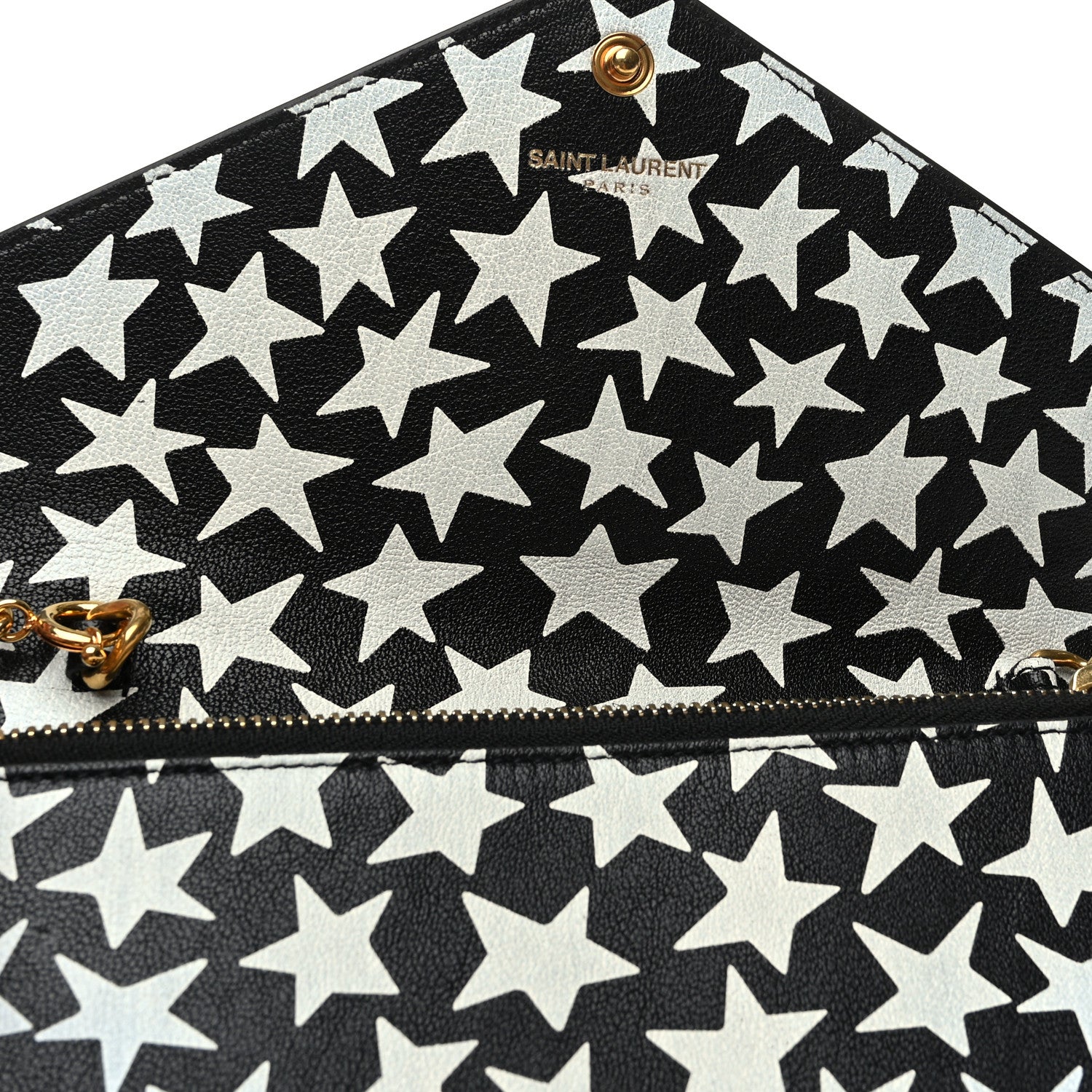 Saint Laurent Lambskin Star Print Monogram Envelope Chain Wallet Black White 10 of 11