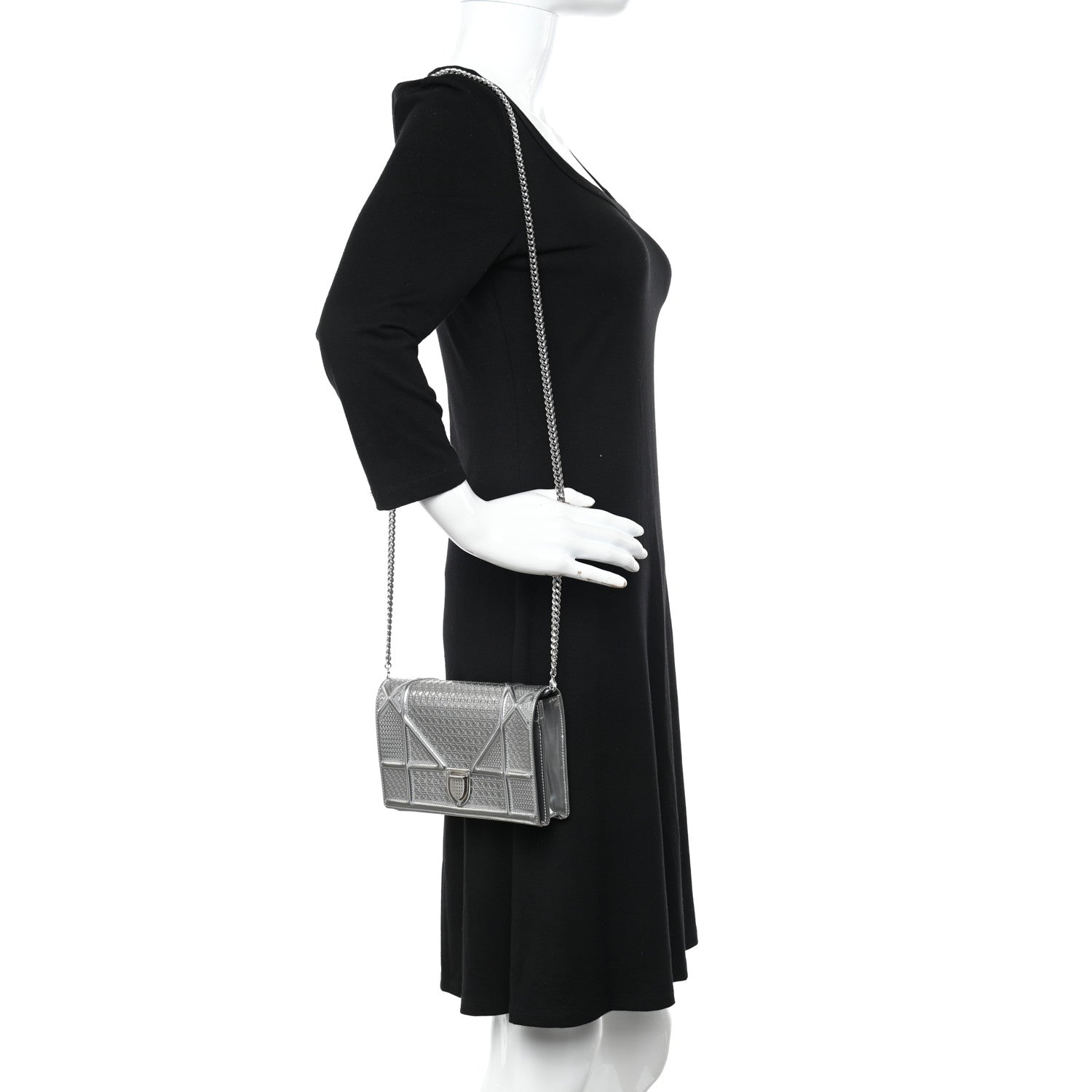 Christian Dior Metallic Patent Micro-Cannage Diorama Wallet on Chain Pouch Silver 2 of 8