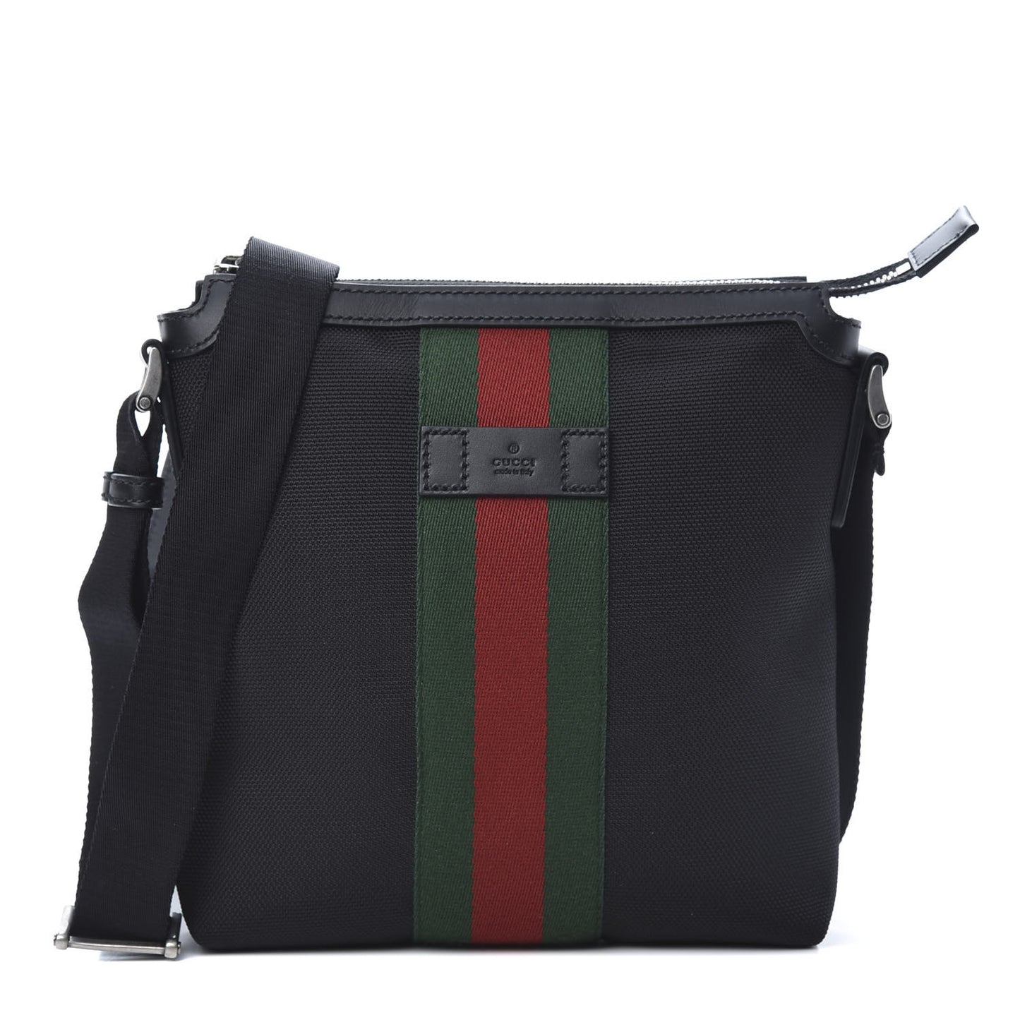 Techno Canvas Selleria Calfskin Web Small Flat Messenger Bag Black