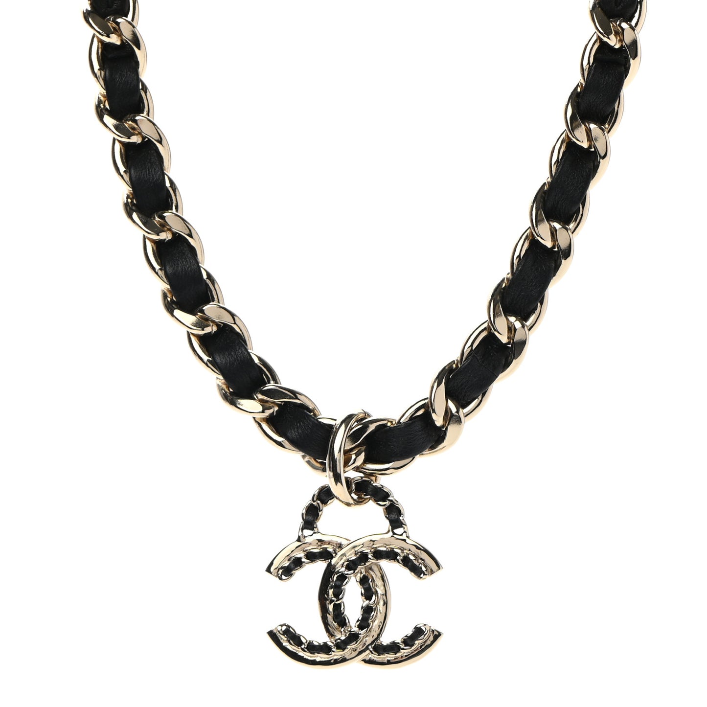 Metal Lambskin Chain CC Choker Necklace Black Gold