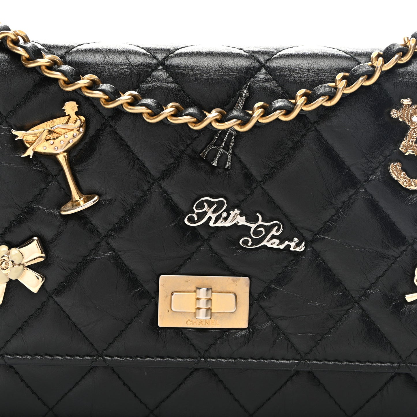 Aged Calfskin Quilted Lucky Charms 2.55 Reissue Wallet On Chain WOC Black