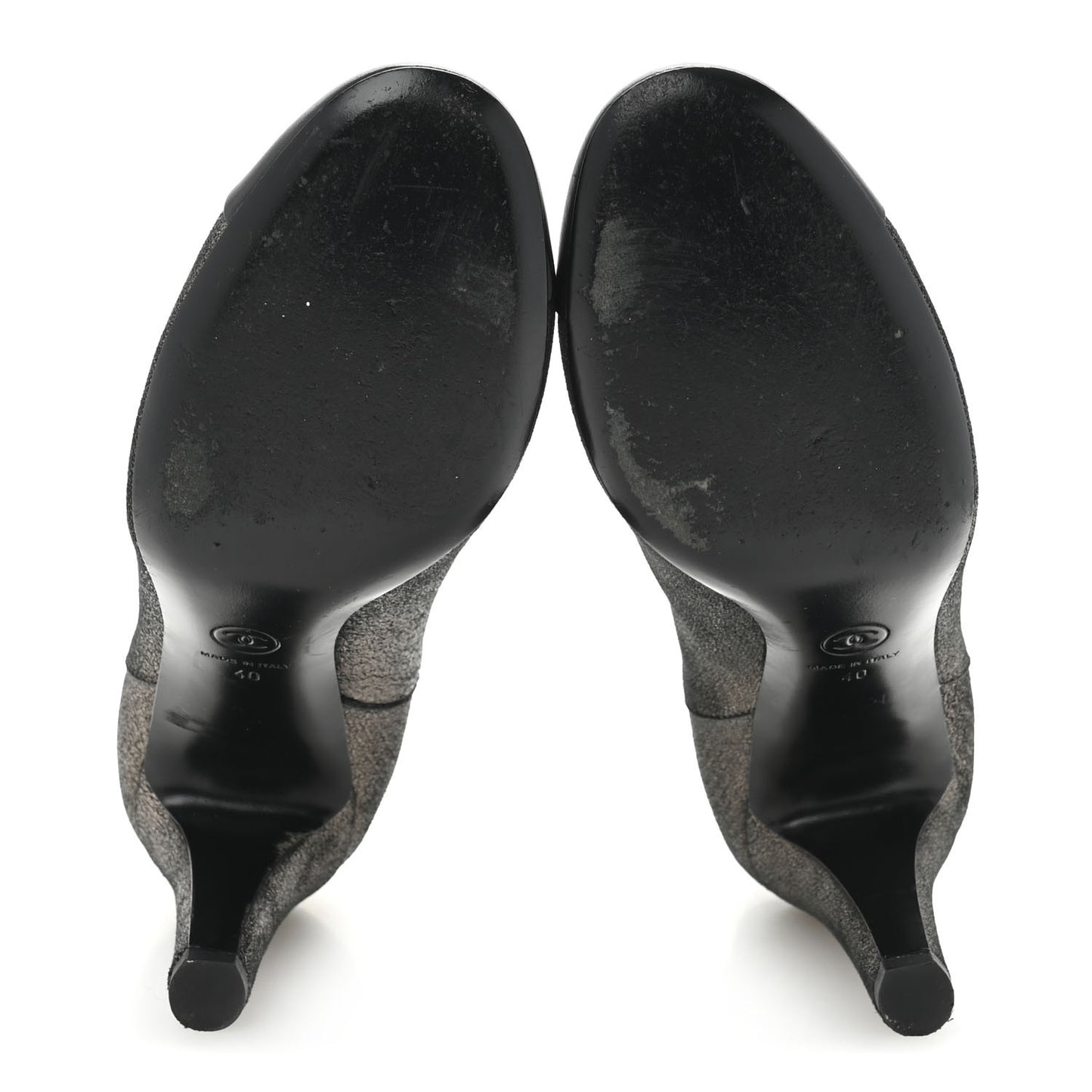 Embossed Lambskin Calfskin CC Cap Toe Ankle Boots 40 Argent Fonce Black