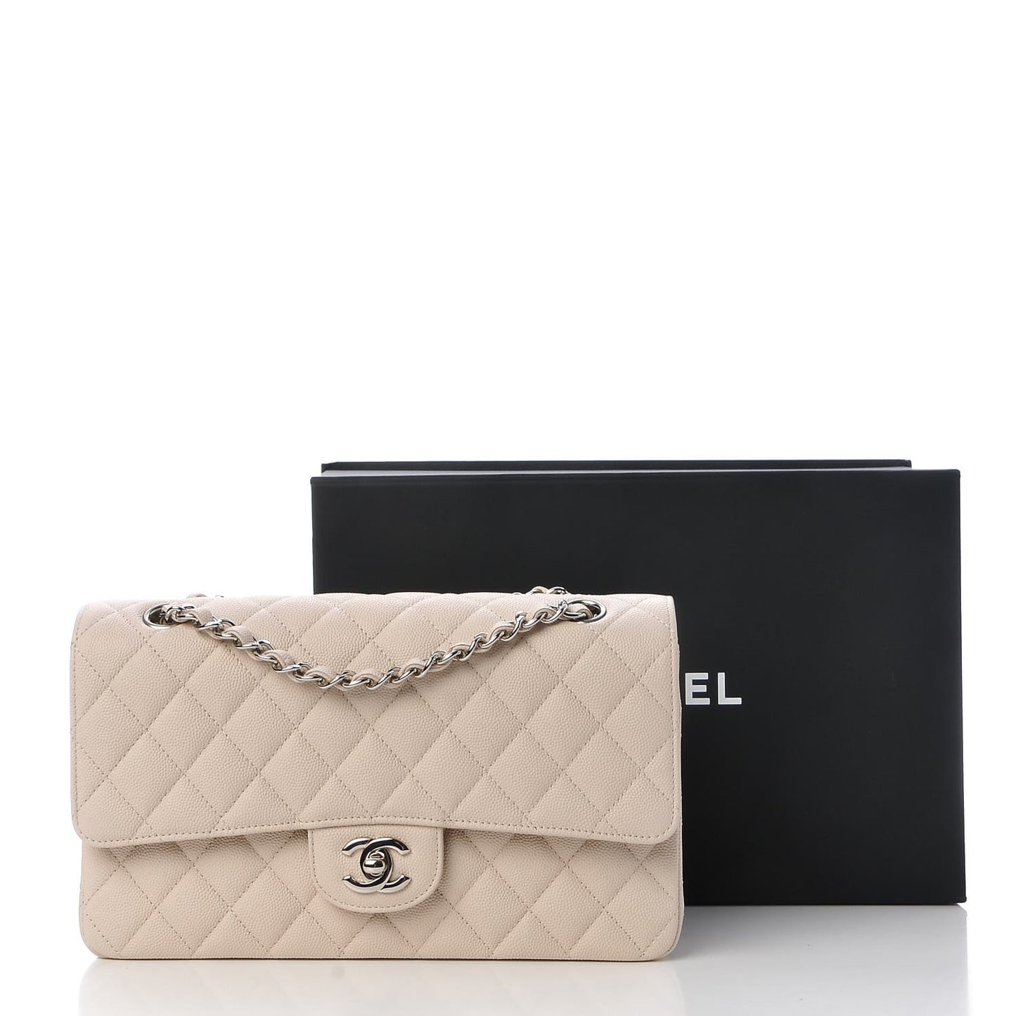 Caviar Quilted Medium Double Flap Light Beige