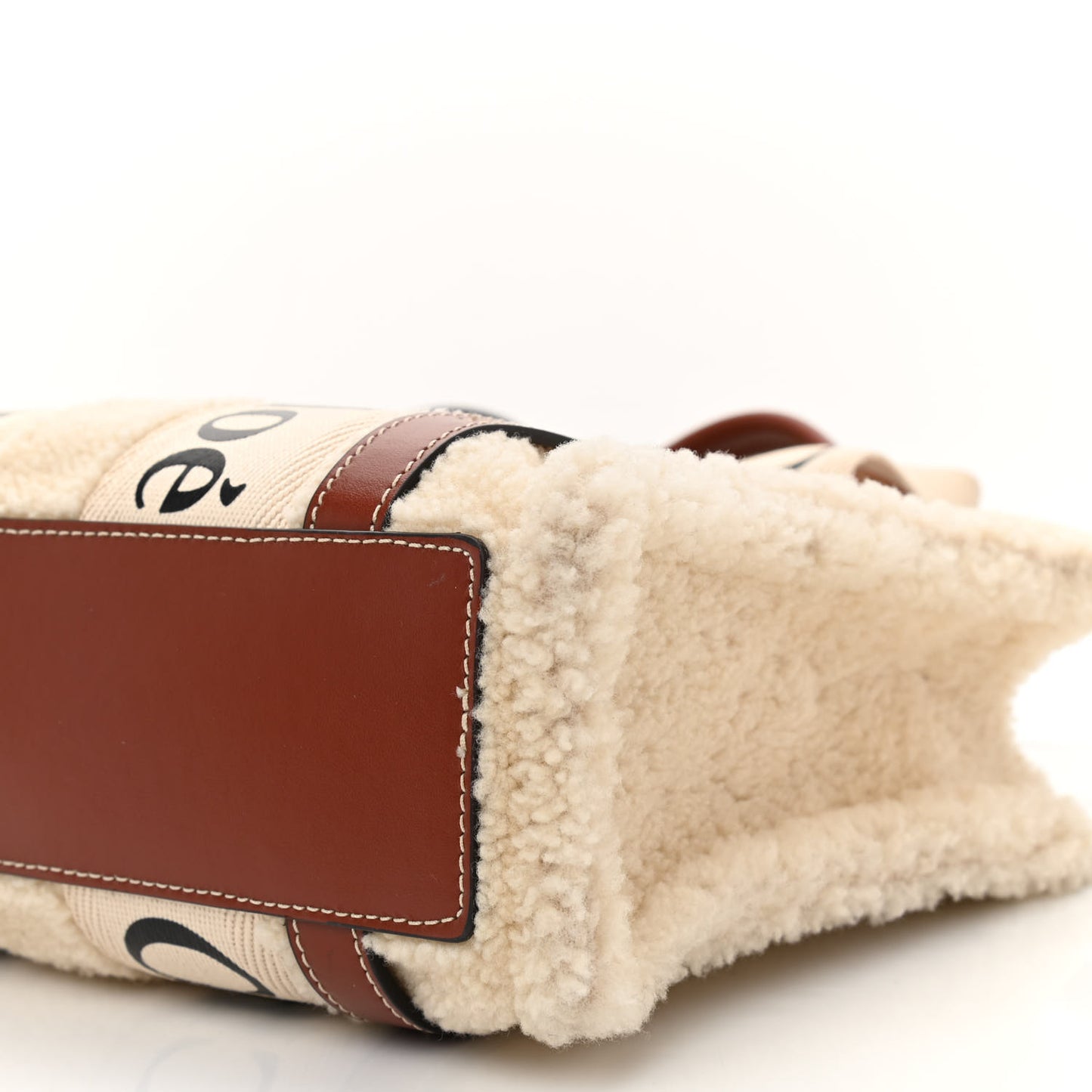 Shearling Calfskin Small Woody Ribbon Tote With Strap Mild Beige
