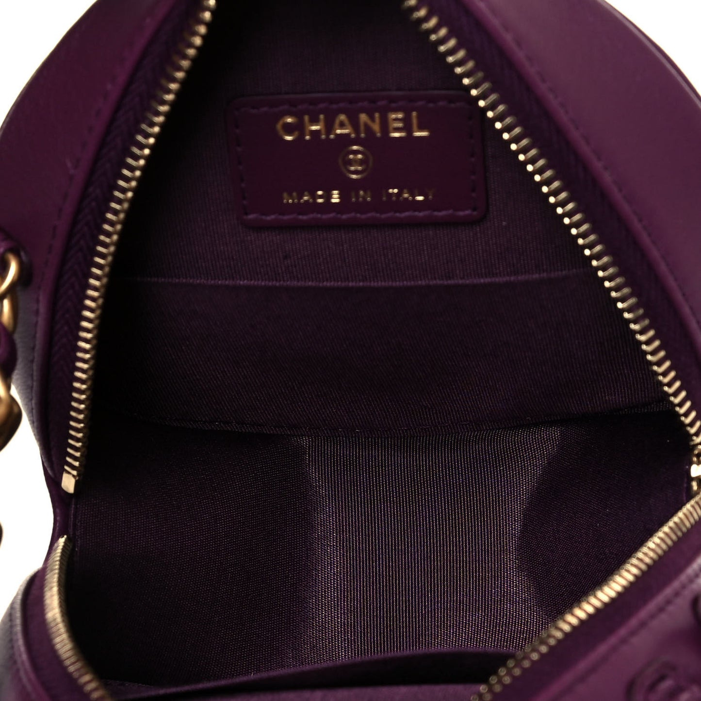 Goatskin Quilted Chanel 19 Round Clutch With Chain Purple