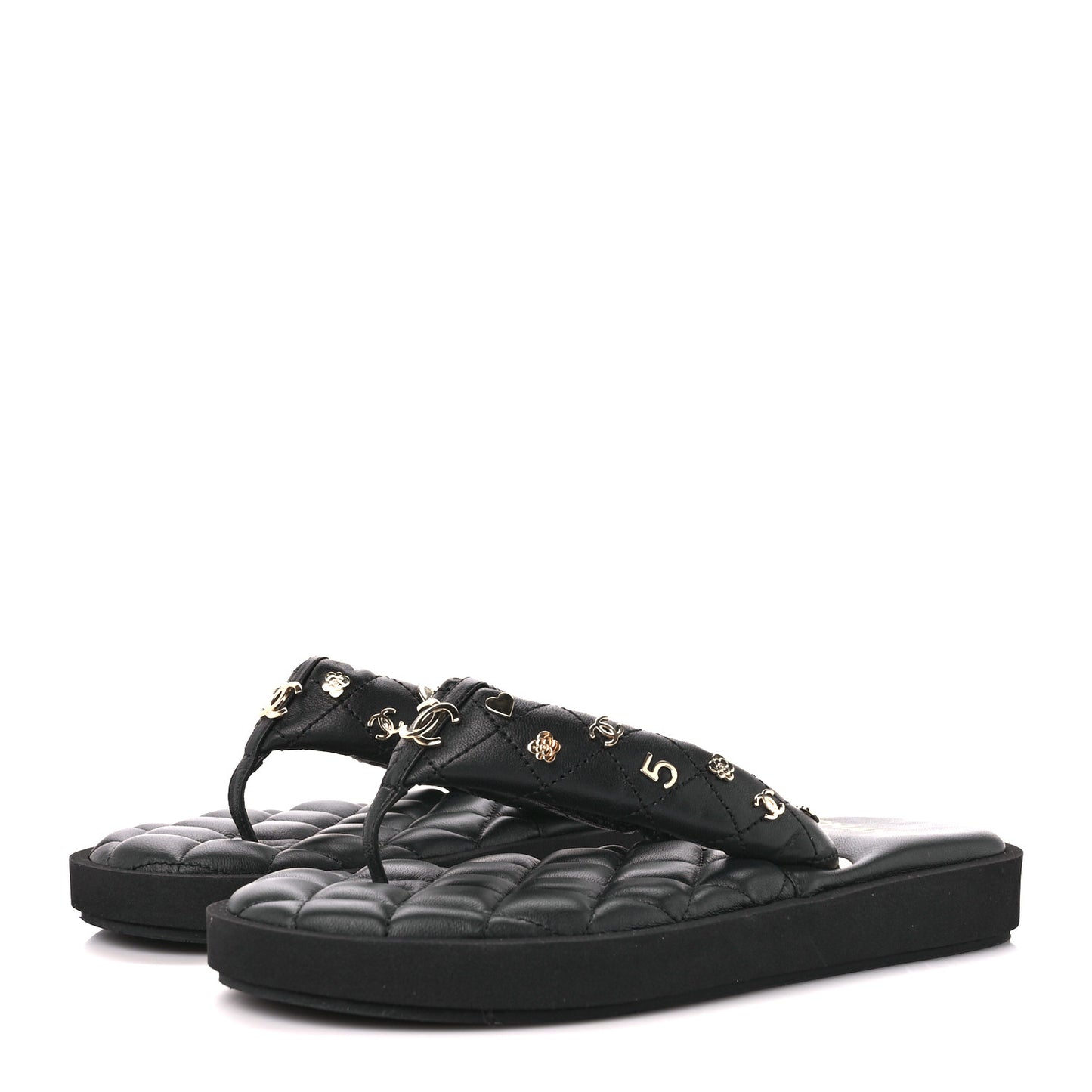 Lambskin Quilted Padded Charms Thong Sandals 37.5 Black