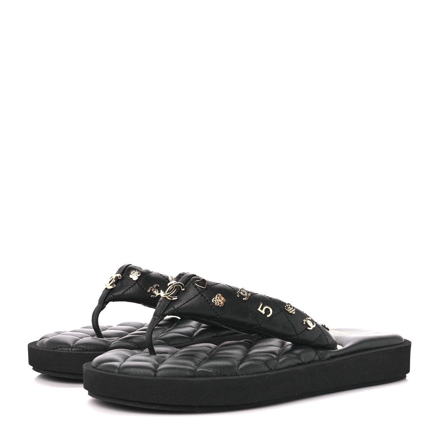 Chanel Lambskin Quilted Padded Charms Thong Sandals 37.5 Black 3 of 8