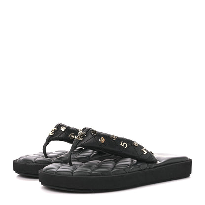 Chanel Lambskin Quilted Padded Charms Thong Sandals 37.5 Black 3 of 8