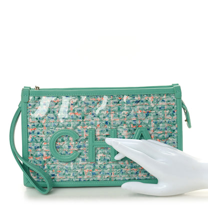 Chanel Tweed Lambskin PVC Quilted Wristlet Pouch Green 2 of 7