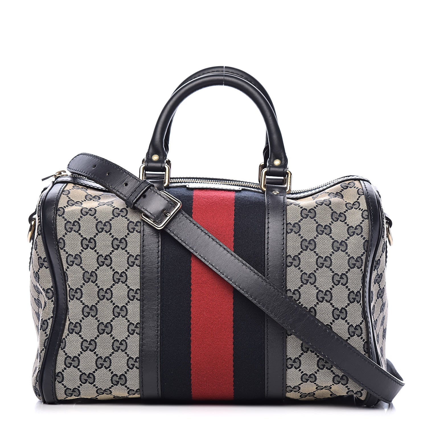 Gucci Monogram Selleria Calfskin Vintage Web Medium Boston Beige Blue 1 of 10