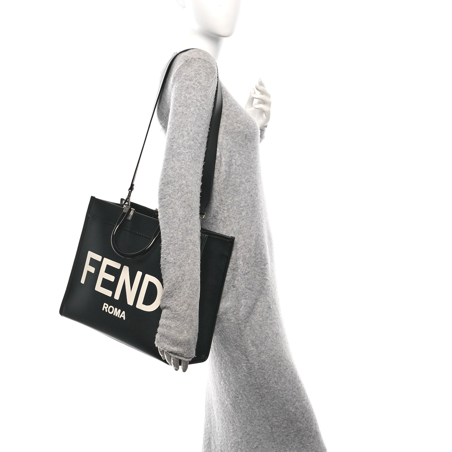 Vitello King Plexiglass Logo Embossed Medium Fendi Sunshine Shopper Tote Black White